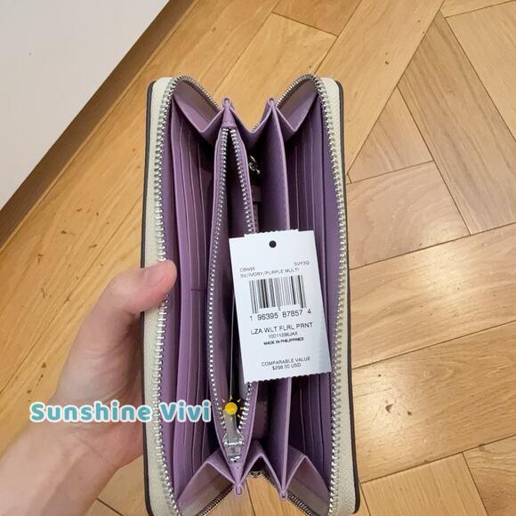 NWT Coach Long Zip Around Wallet CBN95 Ivory Purple Floral Printed Canvas - Picture 3 of 8